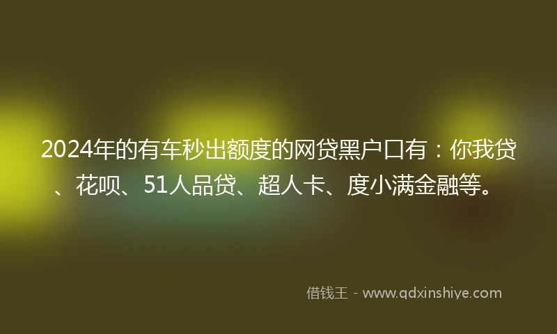2024年的有车秒出额度的网贷黑户口有：你我贷、花呗、51人品贷、超人卡、度小满金融等。