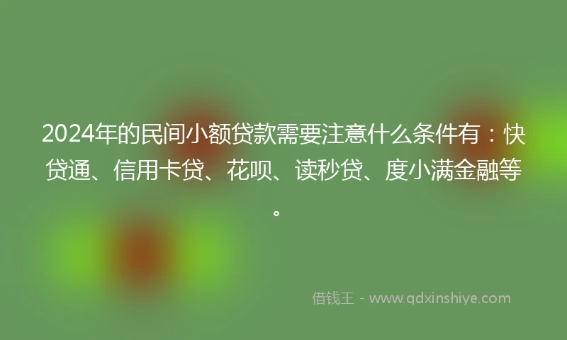 2024年的民间小额贷款需要注意什么条件有：快贷通、信用卡贷、花呗、读秒贷、度小满金融等。