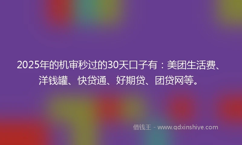 2025年的机审秒过的30天口子有：美团生活费、洋钱罐、快贷通、好期贷、团贷网等。