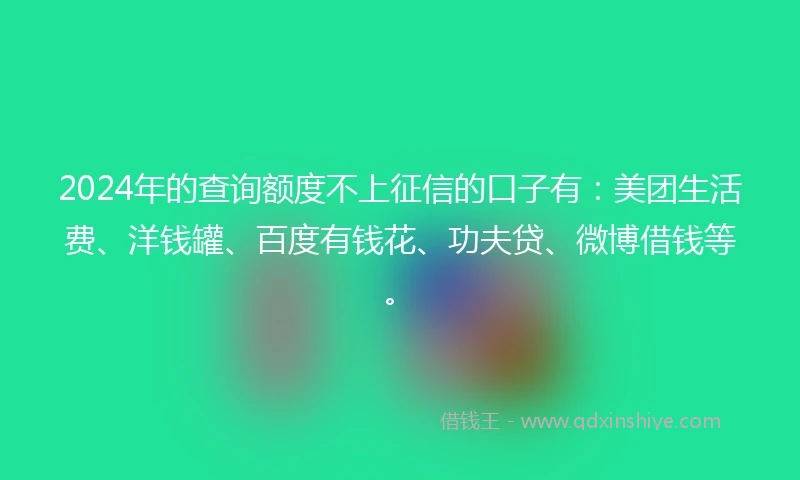 2024年的查询额度不上征信的口子有：美团生活费、洋钱罐、百度有钱花、功夫贷、微博借钱等。
