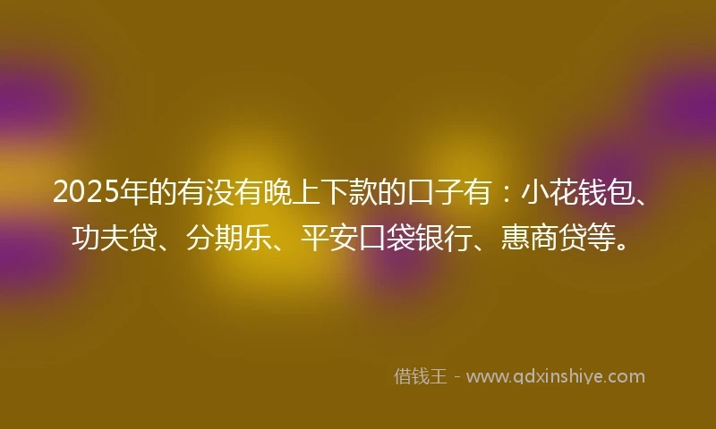 2025年的有没有晚上下款的口子有：小花钱包、功夫贷、分期乐、平安口袋银行、惠商贷等。