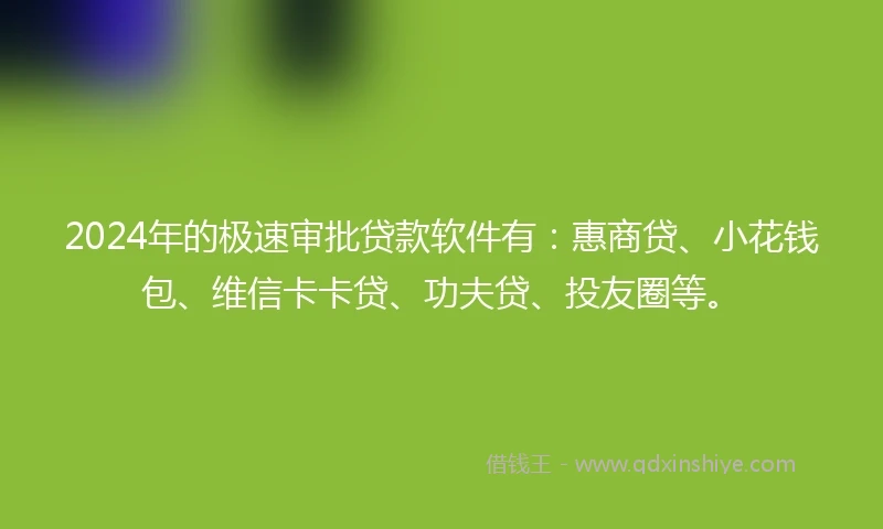 2024年的极速审批贷款软件有：惠商贷、小花钱包、维信卡卡贷、功夫贷、投友圈等。