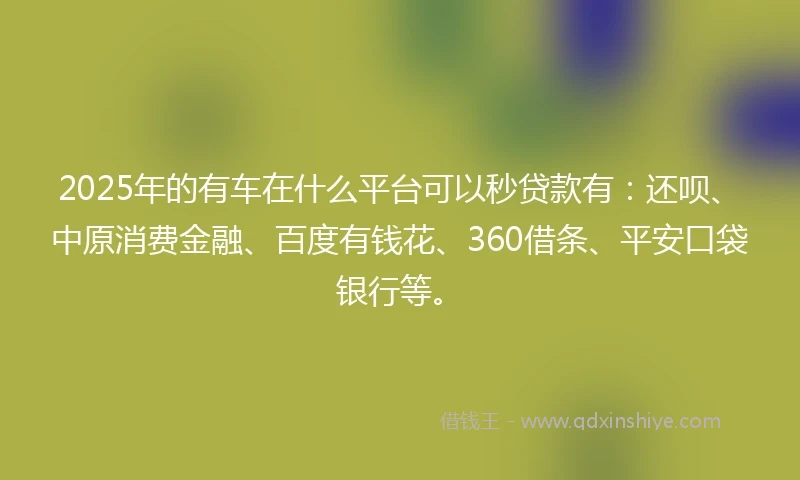 2025年的有车在什么平台可以秒贷款有：还呗、中原消费金融、百度有钱花、360借条、平安口袋银行等。