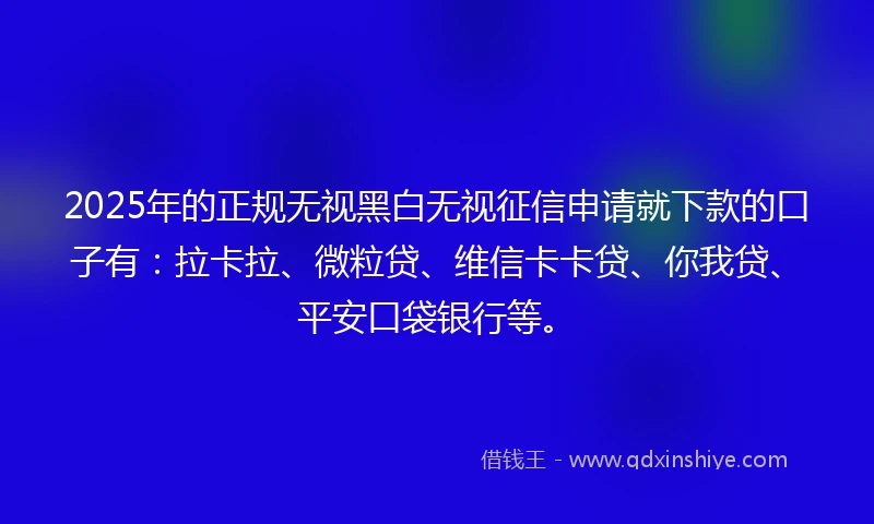 2025年的正规无视黑白无视征信申请就下款的口子有：拉卡拉、微粒贷、维信卡卡贷、你我贷、平安口袋银行等。