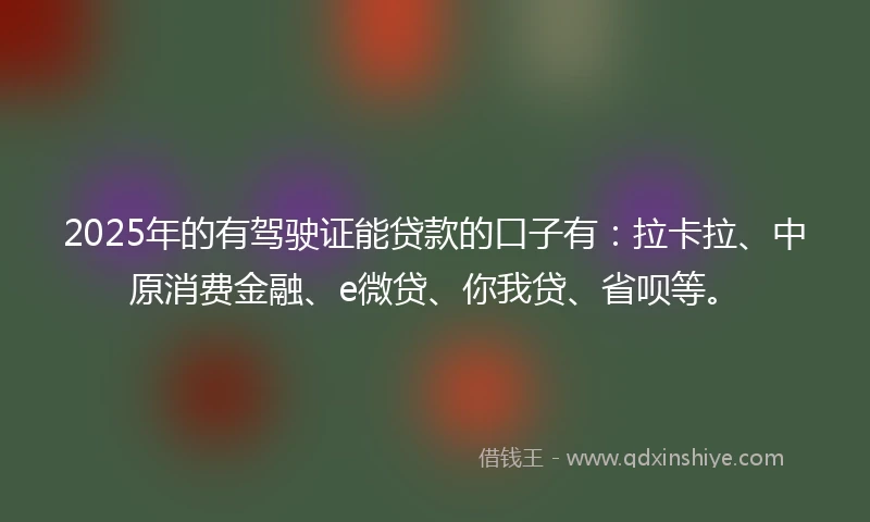 2025年的有驾驶证能贷款的口子有：拉卡拉、中原消费金融、e微贷、你我贷、省呗等。