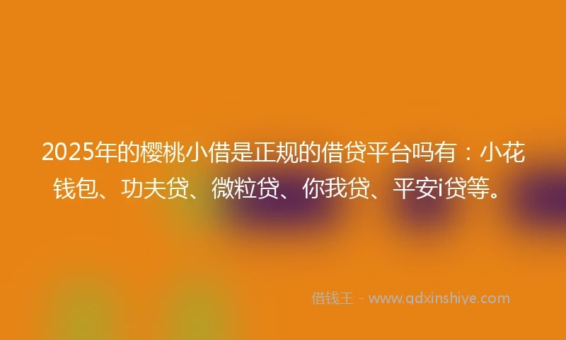 2025年的樱桃小借是正规的借贷平台吗有：小花钱包、功夫贷、微粒贷、你我贷、平安i贷等。