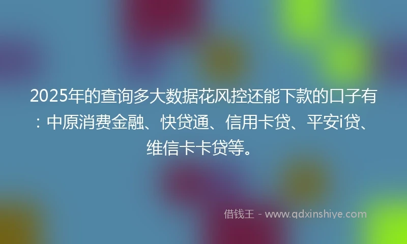 2025年的查询多大数据花风控还能下款的口子有：中原消费金融、快贷通、信用卡贷、平安i贷、维信卡卡贷等。