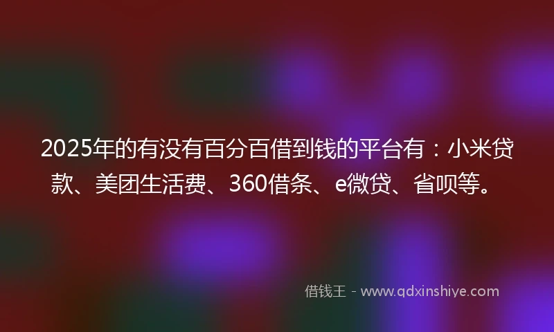 2025年的有没有百分百借到钱的平台有：小米贷款、美团生活费、360借条、e微贷、省呗等。