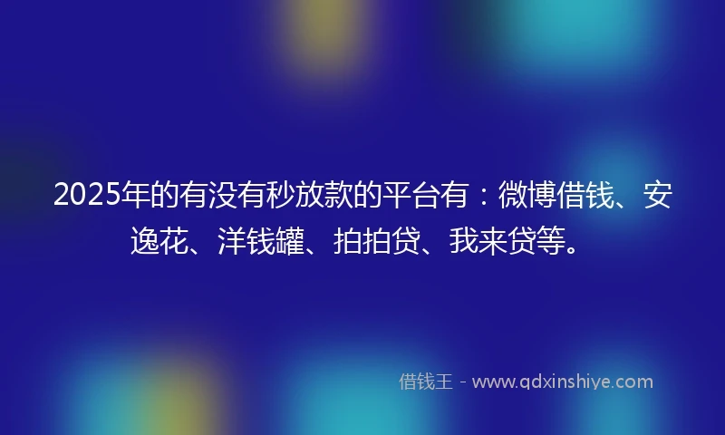 2025年的有没有秒放款的平台有：微博借钱、安逸花、洋钱罐、拍拍贷、我来贷等。