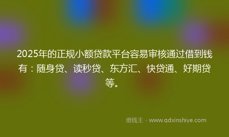 2025年的正规小额贷款平台容易审核通过借到钱有：随身贷、读秒贷、东方汇、快贷通、好期贷等。