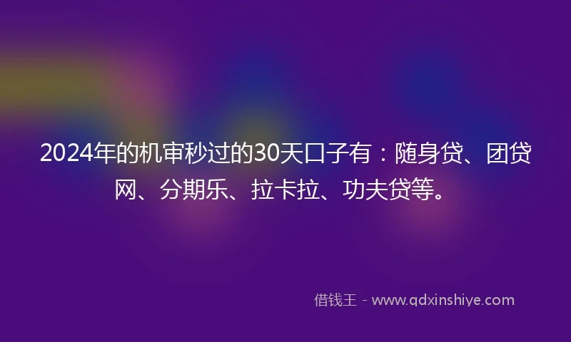 2024年的机审秒过的30天口子有：随身贷、团贷网、分期乐、拉卡拉、功夫贷等。