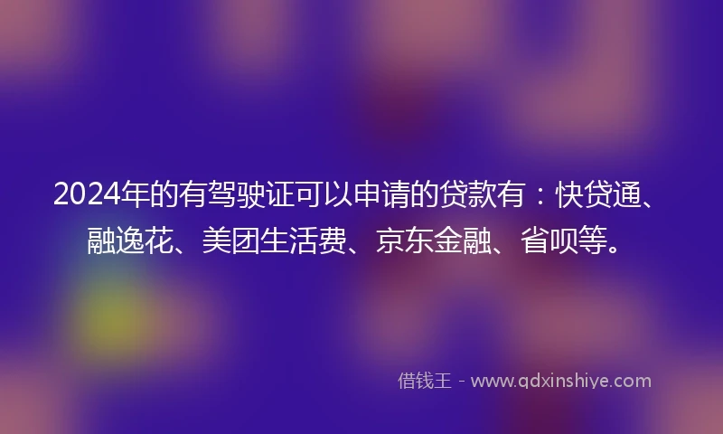 2024年的有驾驶证可以申请的贷款有：快贷通、融逸花、美团生活费、京东金融、省呗等。