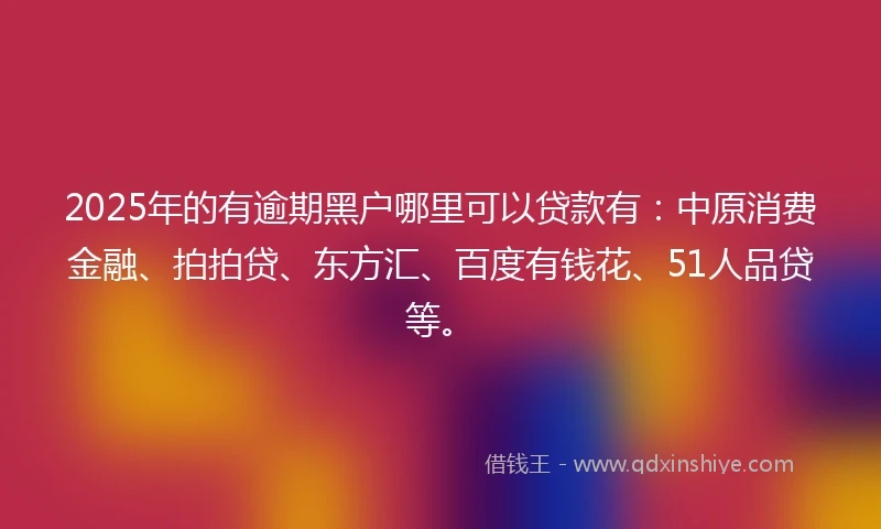 2025年的有逾期黑户哪里可以贷款有：中原消费金融、拍拍贷、东方汇、百度有钱花、51人品贷等。