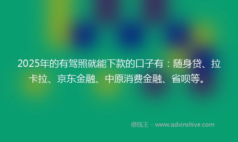 2025年的有驾照就能下款的口子有：随身贷、拉卡拉、京东金融、中原消费金融、省呗等。