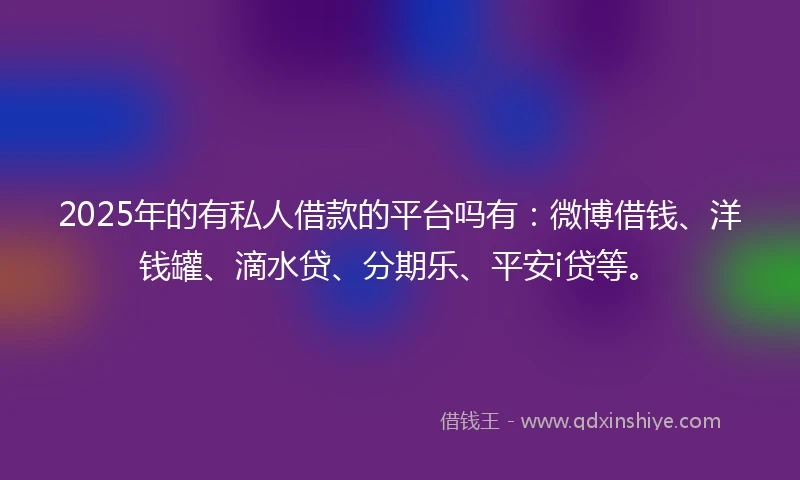 2025年的有私人借款的平台吗有：微博借钱、洋钱罐、滴水贷、分期乐、平安i贷等。