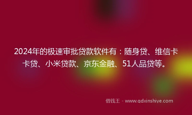 2024年的极速审批贷款软件有：随身贷、维信卡卡贷、小米贷款、京东金融、51人品贷等。
