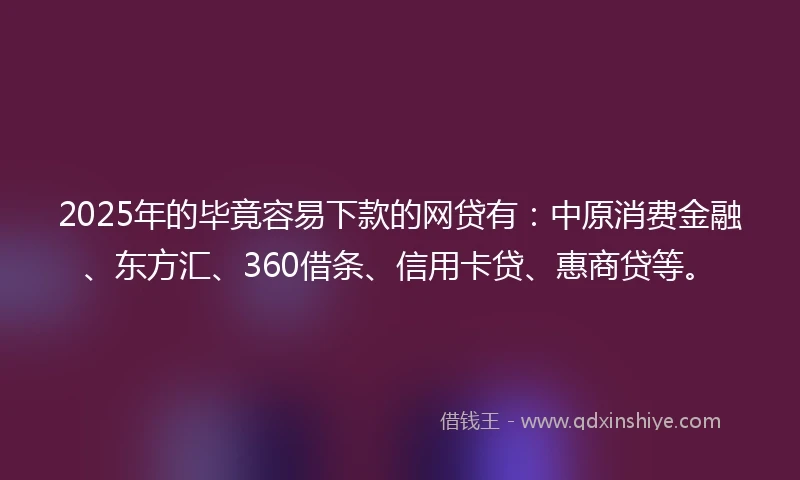 2025年的毕竟容易下款的网贷有：中原消费金融、东方汇、360借条、信用卡贷、惠商贷等。