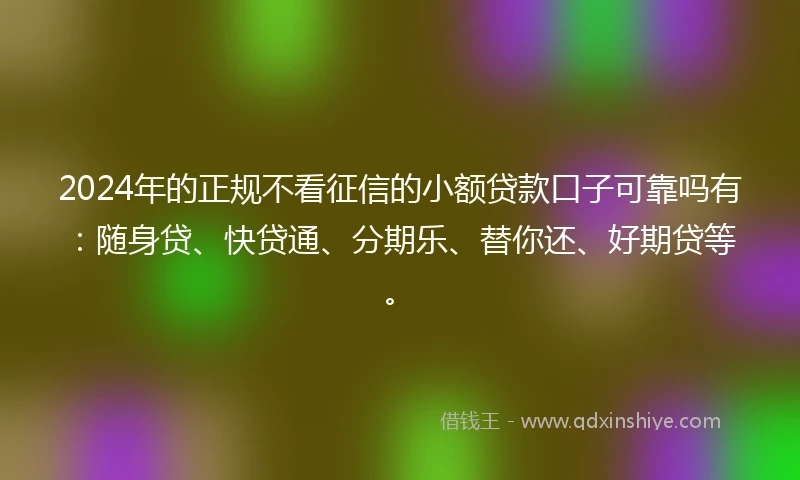 2024年的正规不看征信的小额贷款口子可靠吗有：随身贷、快贷通、分期乐、替你还、好期贷等。