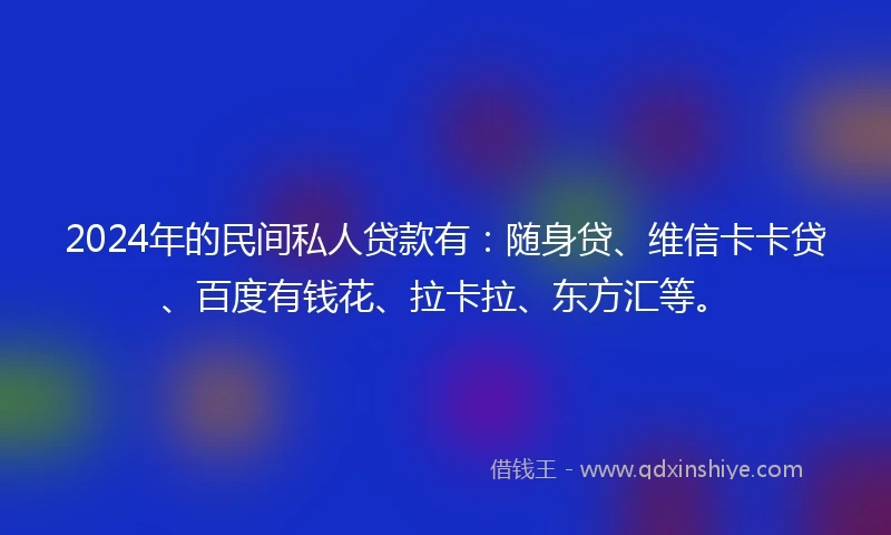 2024年的民间私人贷款有：随身贷、维信卡卡贷、百度有钱花、拉卡拉、东方汇等。