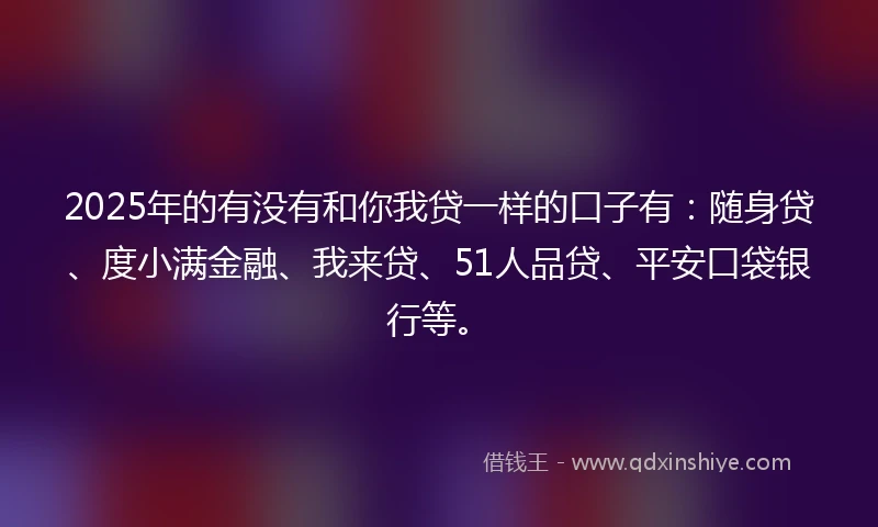2025年的有没有和你我贷一样的口子有：随身贷、度小满金融、我来贷、51人品贷、平安口袋银行等。