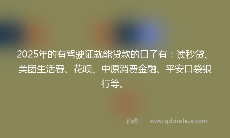 2025年的有驾驶证就能贷款的口子有：读秒贷、美团生活费、花呗、中原消费金融、平安口袋银行等。