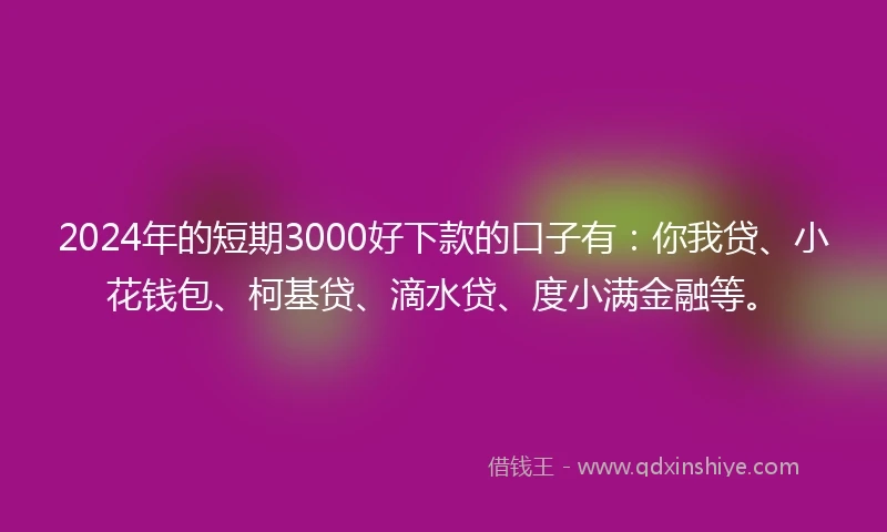 2024年的短期3000好下款的口子有：你我贷、小花钱包、柯基贷、滴水贷、度小满金融等。