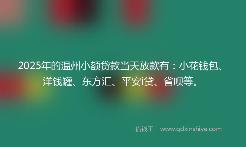 2025年的温州小额贷款当天放款有：小花钱包、洋钱罐、东方汇、平安i贷、省呗等。