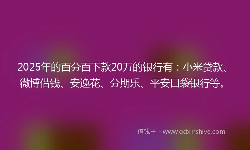 2025年的百分百下款20万的银行有：小米贷款、微博借钱、安逸花、分期乐、平安口袋银行等。