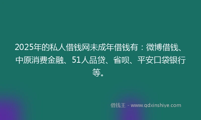 2025年的私人借钱网未成年借钱有：微博借钱、中原消费金融、51人品贷、省呗、平安口袋银行等。