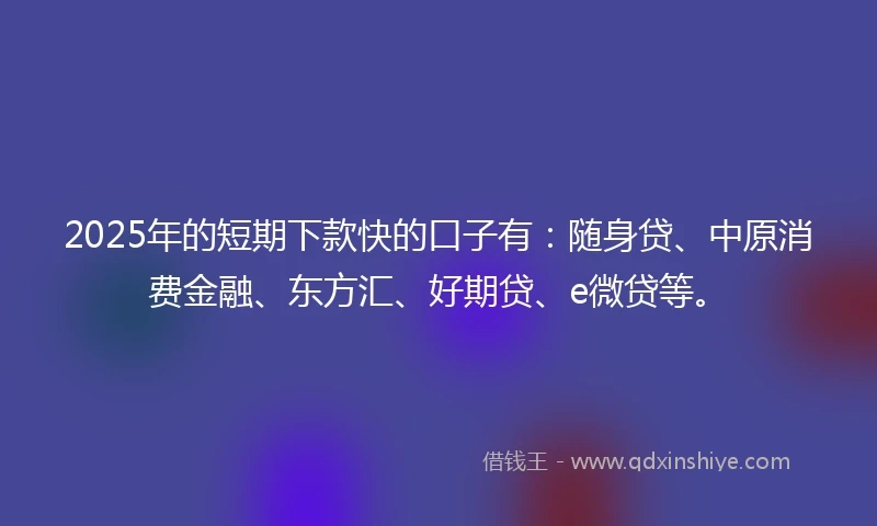 2025年的短期下款快的口子有：随身贷、中原消费金融、东方汇、好期贷、e微贷等。