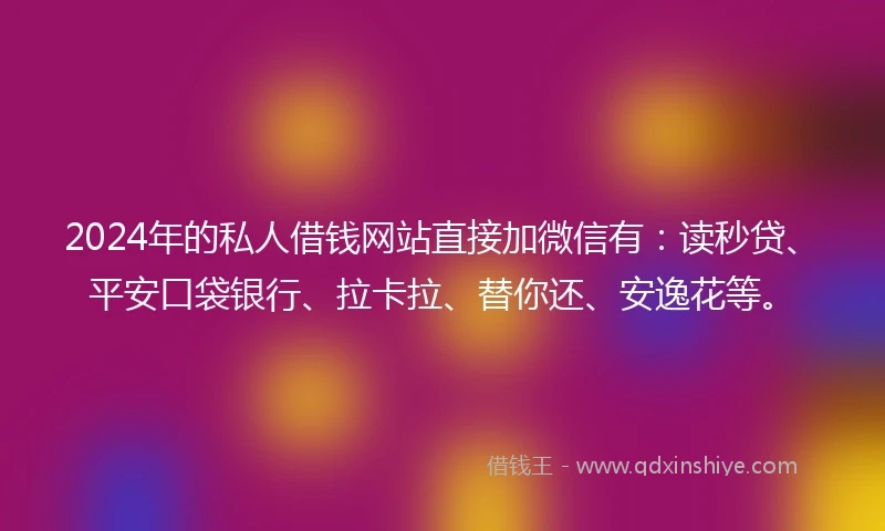 2024年的私人借钱网站直接加微信有：读秒贷、平安口袋银行、拉卡拉、替你还、安逸花等。