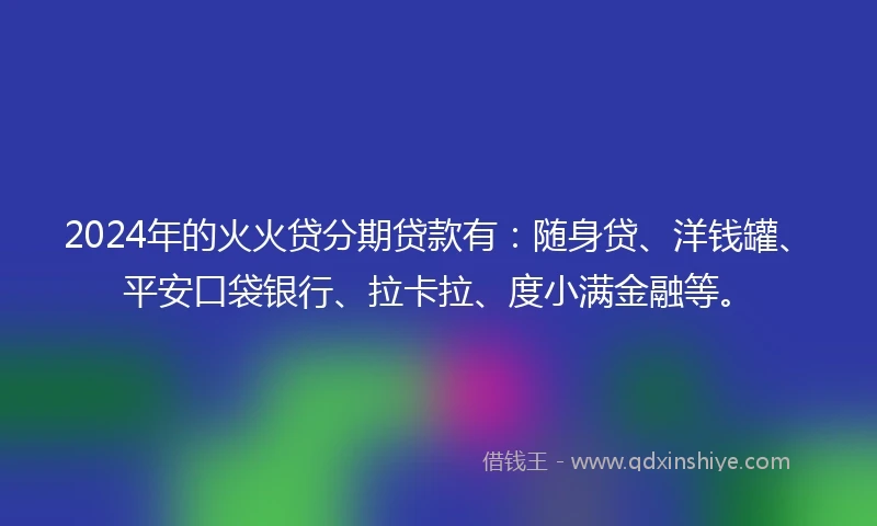 2024年的火火贷分期贷款有：随身贷、洋钱罐、平安口袋银行、拉卡拉、度小满金融等。
