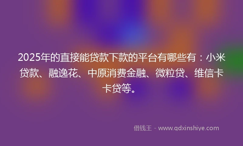 2025年的直接能贷款下款的平台有哪些有：小米贷款、融逸花、中原消费金融、微粒贷、维信卡卡贷等。