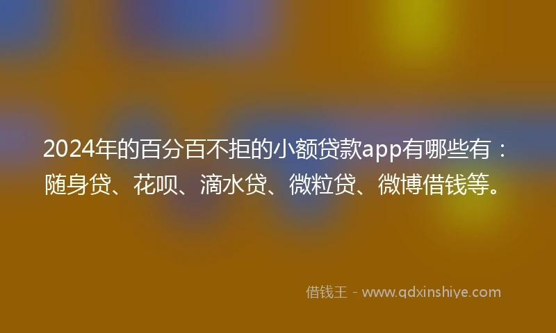2024年的百分百不拒的小额贷款app有哪些有：随身贷、花呗、滴水贷、微粒贷、微博借钱等。