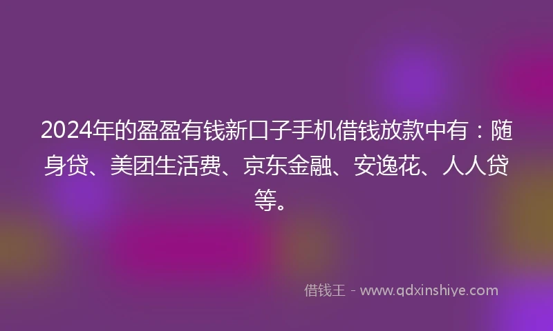 2024年的盈盈有钱新口子手机借钱放款中有：随身贷、美团生活费、京东金融、安逸花、人人贷等。