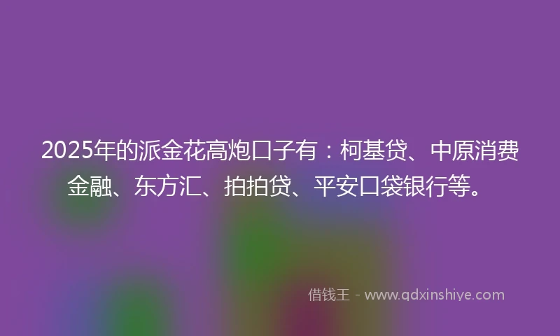 2025年的派金花高炮口子有：柯基贷、中原消费金融、东方汇、拍拍贷、平安口袋银行等。