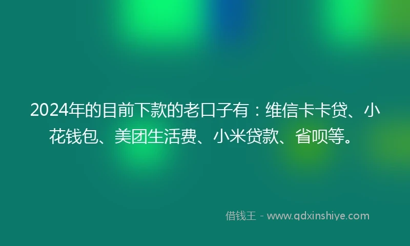 2024年的目前下款的老口子有：维信卡卡贷、小花钱包、美团生活费、小米贷款、省呗等。