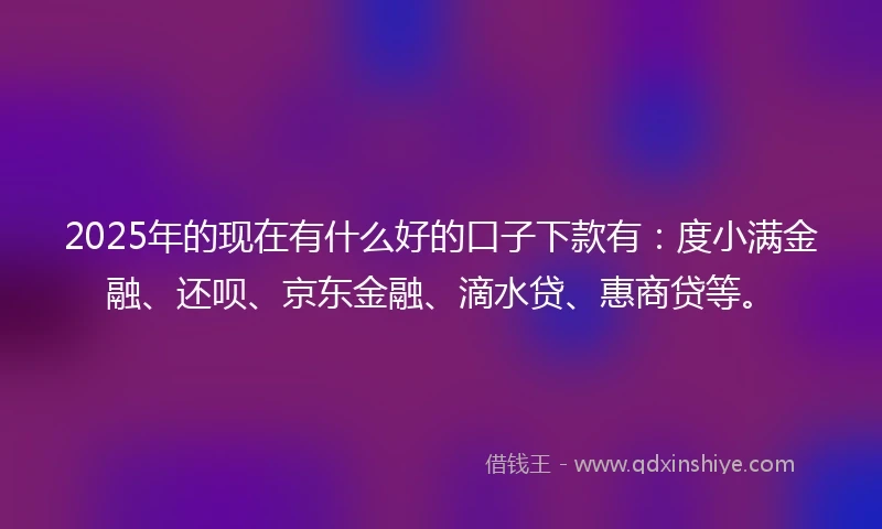 2025年的现在有什么好的口子下款有：度小满金融、还呗、京东金融、滴水贷、惠商贷等。