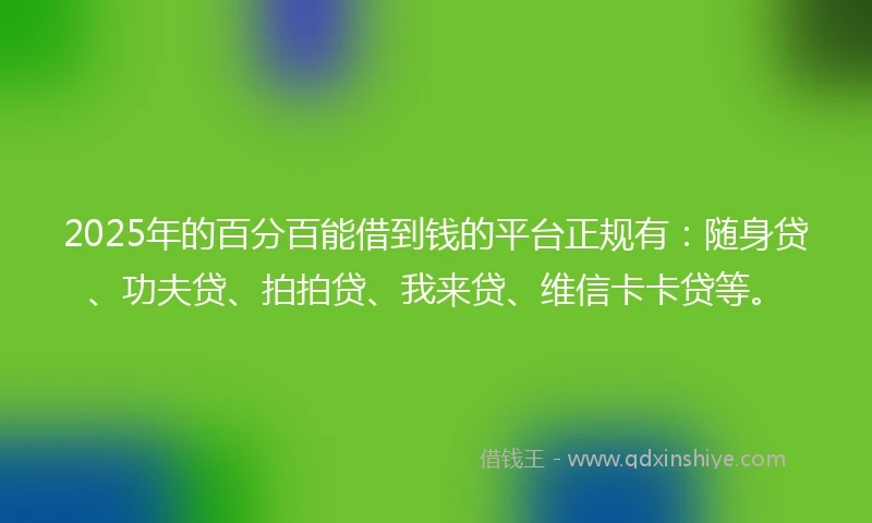 2025年的百分百能借到钱的平台正规有：随身贷、功夫贷、拍拍贷、我来贷、维信卡卡贷等。