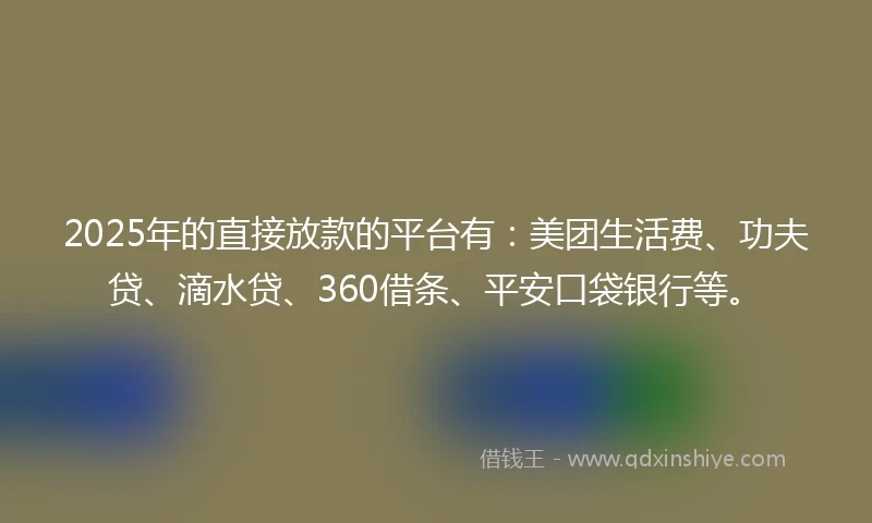 2025年的直接放款的平台有：美团生活费、功夫贷、滴水贷、360借条、平安口袋银行等。