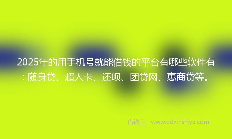 2025年的用手机号就能借钱的平台有哪些软件有：随身贷、超人卡、还呗、团贷网、惠商贷等。