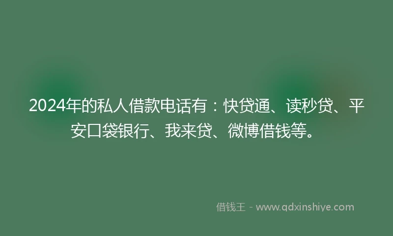 2024年的私人借款电话有：快贷通、读秒贷、平安口袋银行、我来贷、微博借钱等。