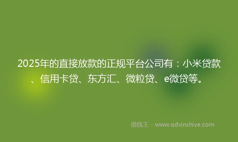 2025年的直接放款的正规平台公司有：小米贷款、信用卡贷、东方汇、微粒贷、e微贷等。