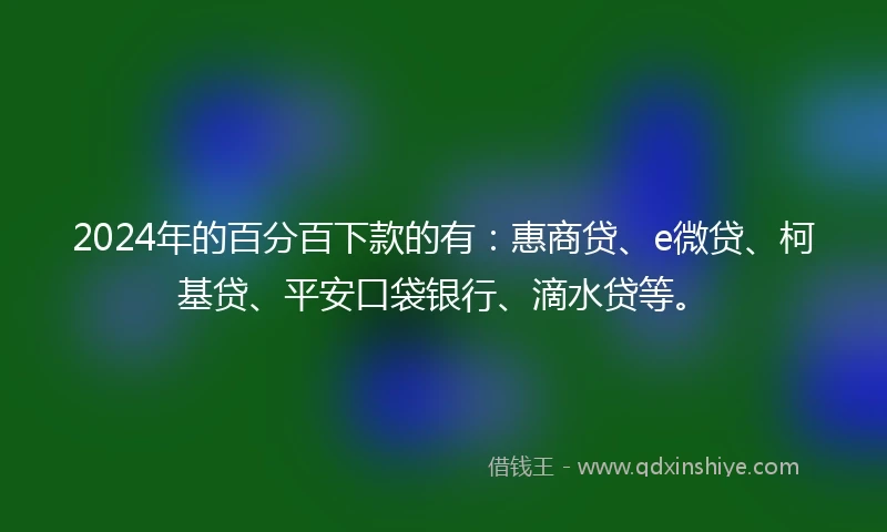 2024年的百分百下款的有：惠商贷、e微贷、柯基贷、平安口袋银行、滴水贷等。