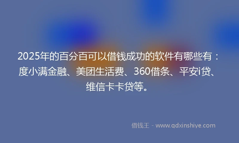 2025年的百分百可以借钱成功的软件有哪些有：度小满金融、美团生活费、360借条、平安i贷、维信卡卡贷等。