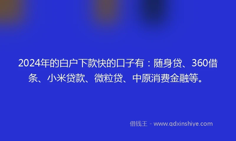 2024年的白户下款快的口子有：随身贷、360借条、小米贷款、微粒贷、中原消费金融等。