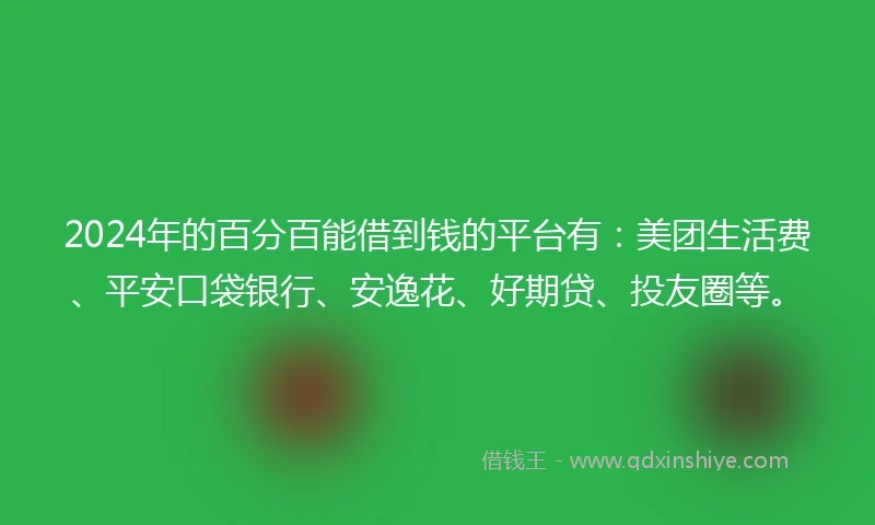 2024年的百分百能借到钱的平台有：美团生活费、平安口袋银行、安逸花、好期贷、投友圈等。