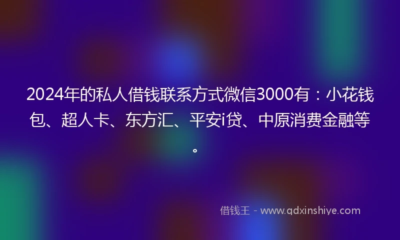 2024年的私人借钱联系方式微信3000有：小花钱包、超人卡、东方汇、平安i贷、中原消费金融等。