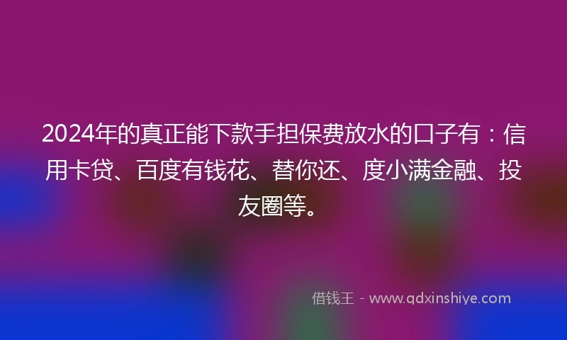 2024年的真正能下款手担保费放水的口子有：信用卡贷、百度有钱花、替你还、度小满金融、投友圈等。