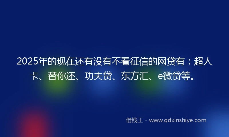 2025年的现在还有没有不看征信的网贷有：超人卡、替你还、功夫贷、东方汇、e微贷等。